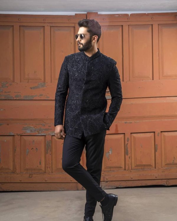 Regal Black Embroidered Prince Coat – Shoaib Ismail
